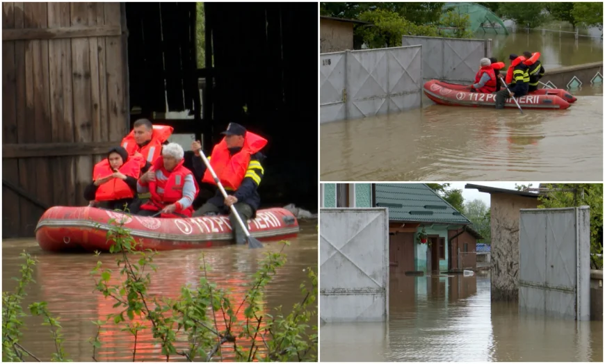 Satul Băcel arată ca un lac de acumulare, după inundaţii. Oamenii pot ajunge la casele lor doar cu bărcile