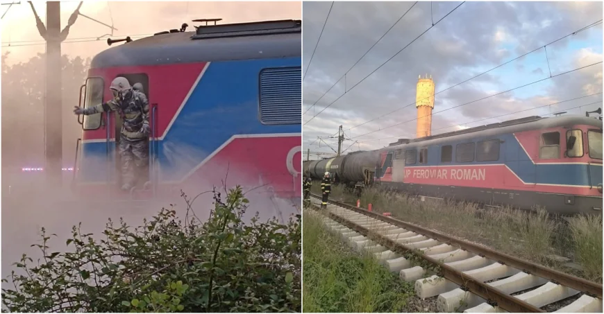 Incendiu la locomotiva unui tren cu 36 de vagoane care transportă țiței. Au intervenit pompierii din Prahova