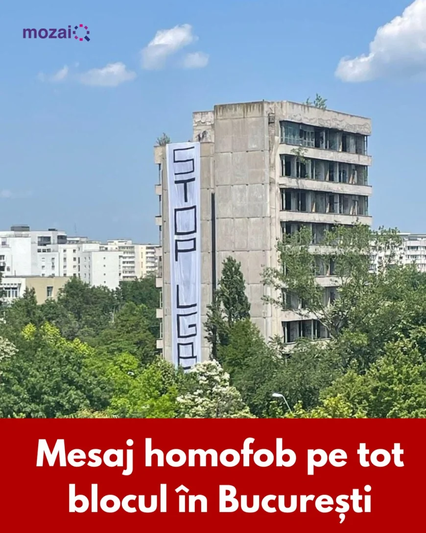 Banner cu mesaj homofob, afișat pe un bloc abandonat din București. „Mesajele de ură se înmulțesc”, atrage atenția o organizație