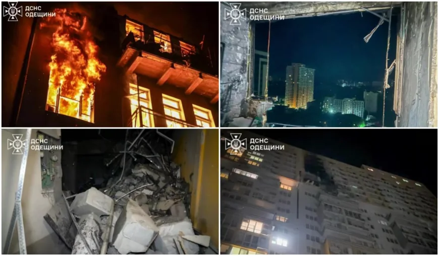Atac masiv cu drone rusești asupra Odesei. Cel puţin 13 răniți, incendii devastatoare și evacuări în masă