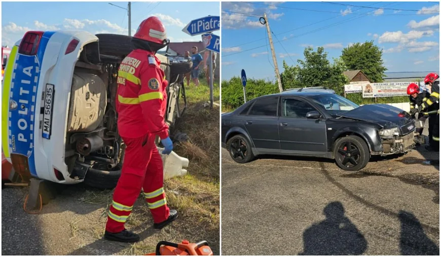 Maşină de poliţie, răsturnată în timpul unei misiuni, în Neamţ. Doi ofiţeri au ajuns la spital