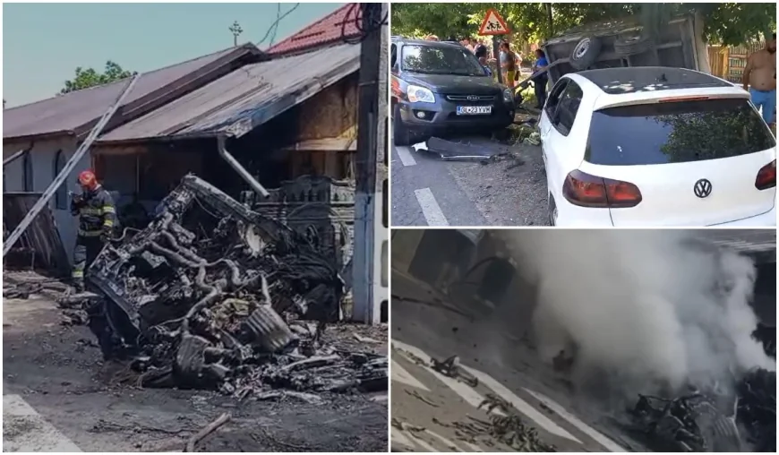 Capelă cuprinsă de flăcări după un accident cu 4 mașini în Galați. O persoană a ajuns la spital
