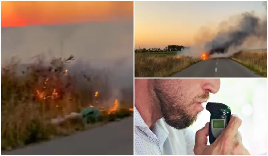 Băut bine, un şofer din Dolj a ajuns cu maşina în şanţ. Autoturismul a luat foc în urma impactului