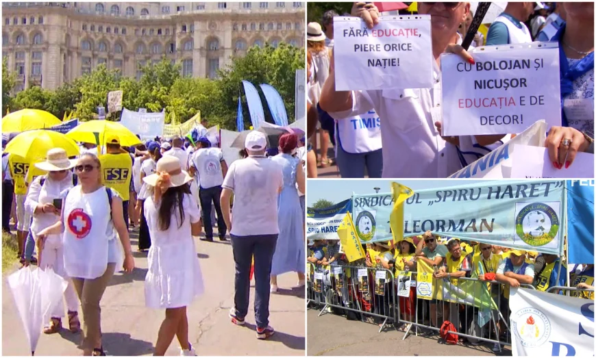 Sute de bugetari, protest la Parlament pe cod roşu de caniculă: "Fără educaţie, piere orice naţie!"