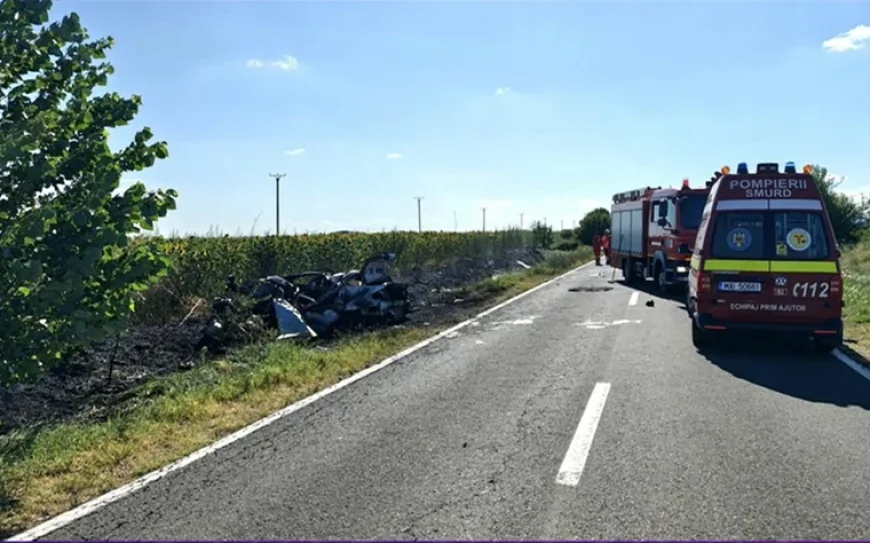 Accident mortal în Teleorman: o mașină și o dubă s-au ciocnit violent. După impact, un autoturism a luat foc