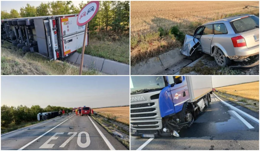 Accident rutier grav în Timiș. Un mort și doi răniți după ce o mașină a fost prinsă între TIR-uri