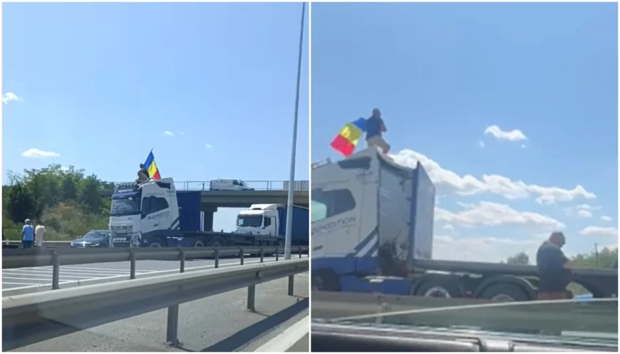VIDEO Îndemnuri pe Facebook pentru blocarea intrărilor în Capitală / Sensul către Bucureşti al A1, blocat de doi șoferi care au oprit camioanele de-a latul şoselei. Unul din ei s-a urcat pe cabină cu steagul României